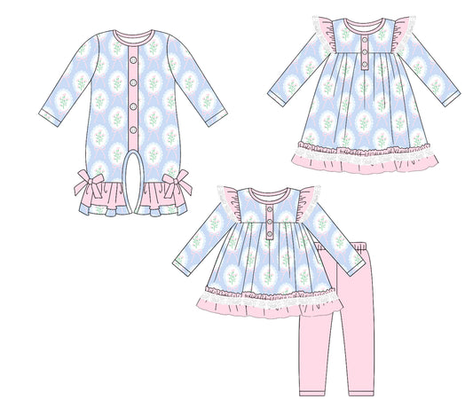 25.6.9 custom each style moq 5eta 4-6week Sibling Sisters floral bow baby girl long sleeve pants sets and dress and rompers match family design