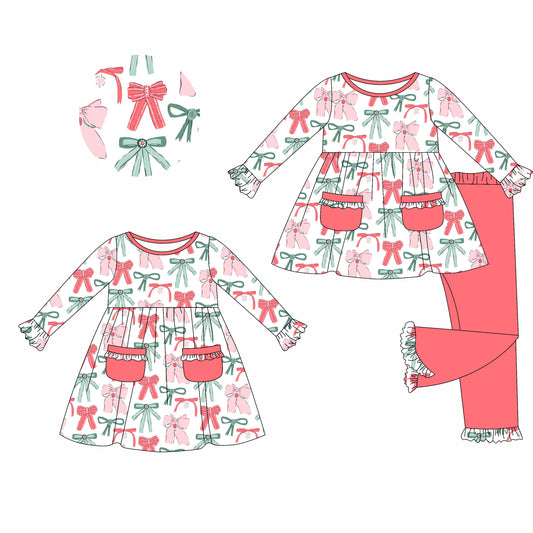 25.5.21 custom each style moq 5eta 4-6week Sibling Sisters Christmas bow baby girl long sleeve pants sets and dress match family design