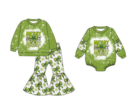 25.8.4 custom each style moq 5eta 4-6week Sibling Sister Christmas green baby girl long sleeve pants sets and rompers match family design