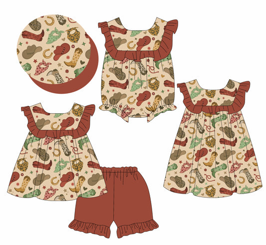 4.1 custom each style moq 5eta 4-6week Sibling Sisters boot hat baby girl short sleeve shorts sets and dress and rompers match family design