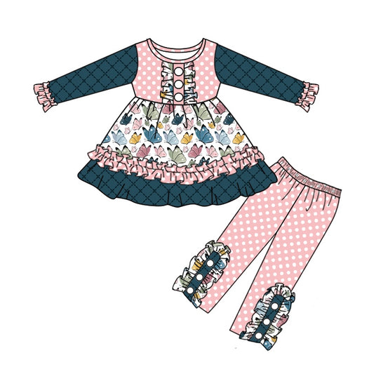 5.9custom each style moq 5eta 4-5week Sibling Sister Butterfly print pink dot green girls set and baby romper match family design