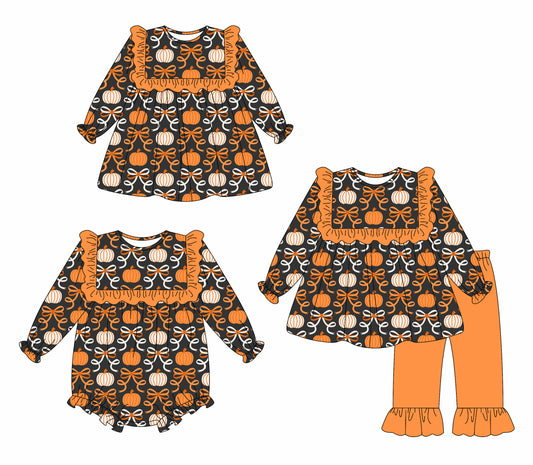25.5.28 custom each style moq 5eta 4-6week Sibling Sisters pumpkin bow baby girl long sleeve pants sets and dress and rompers match family design