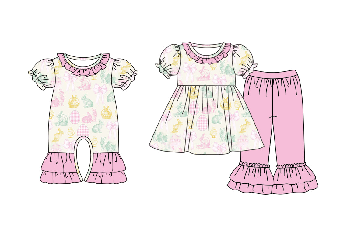 25.9.22 custom each style moq 8 eta 6-8week Sibling Sisters bunny bow baby girl clothes short sleeve pants sets and romper match family design