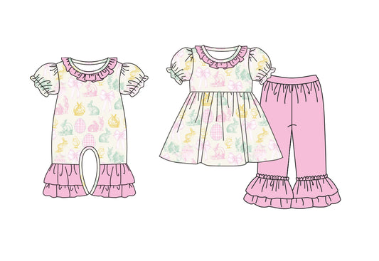 25.9.22 custom each style moq 8 eta 6-8week Sibling Sisters bunny bow baby girl clothes short sleeve pants sets and romper match family design
