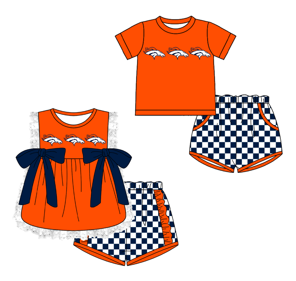 Custom moq 5 mix size milk silk summer teams Orange  Girl Sleeveless Top And Plaid Shorts Set with Bow Boy Short Sleeved Top And Plaid Shorts Set
