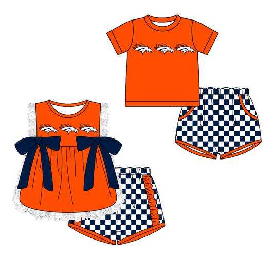 Custom moq 5 mix size milk silk summer teams Orange  Girl Sleeveless Top And Plaid Shorts Set with Bow Boy Short Sleeved Top And Plaid Shorts Set