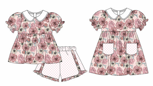 11.3 custom each style moq 5eta 4-6week Sibling Sister floral baby girl short sleeve shorts sets and briefs sets and dresses match design