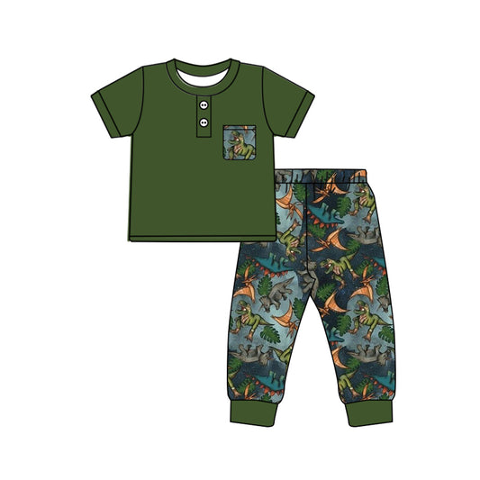 10.14 custom each style moq 5eta 4-6week Sibling Sister dinosaur dark green baby boys short sleeve sets and rompers match design