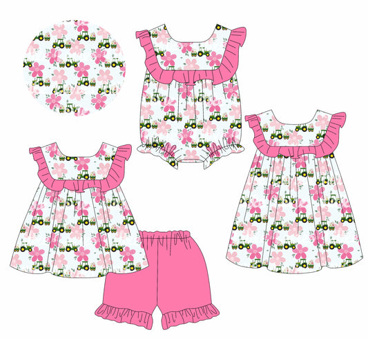 4.7 custom each style moq 5eta 4-6week Sibling Sisters floral baby girl short sleeve shorts sets and dress and rompers match family design