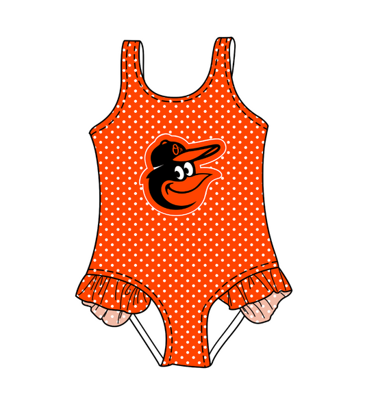 Custom moq 5 mix size milk silk summer teams Orange Baby Girl Sleeveless Polka Dot Lace Onesie Swimsuit Cute Summer Beachwear for Little Girls