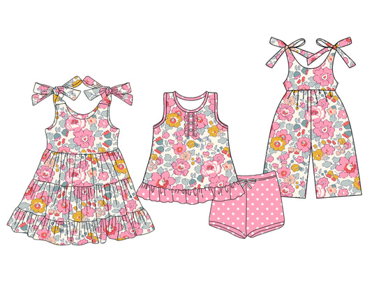 3.14 custom each style moq 5eta 4-6week Sibling Sister floral baby girl short sleeve shorts sets and dresses and jumpsuit match design
