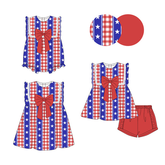 4.2 custom each style moq 5eta 4-6week Sibling Sisters stars baby girl short sleeve shorts sets and dress and rompers match family design
