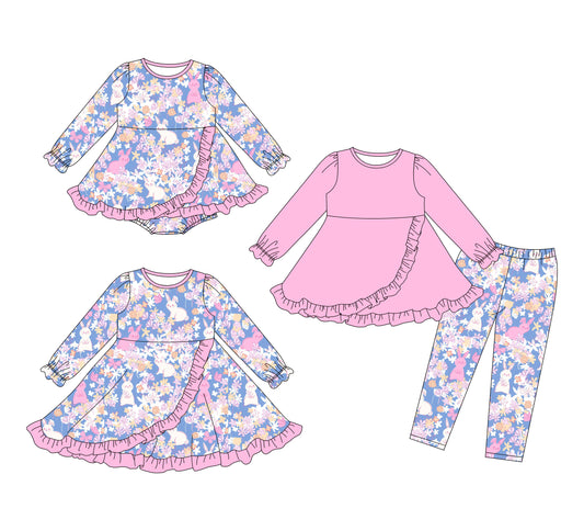 25.11.12 custom each style moq 5 eta 6-8week Sibling Sisters bunny floral baby girl long sleeve pants sets and dress and rompers match family design