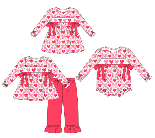 25.9.16 custom each style moq 8 eta 6-8week Sibling Sisters love bow baby girl long sleeve pants sets and dress and rompers match family design