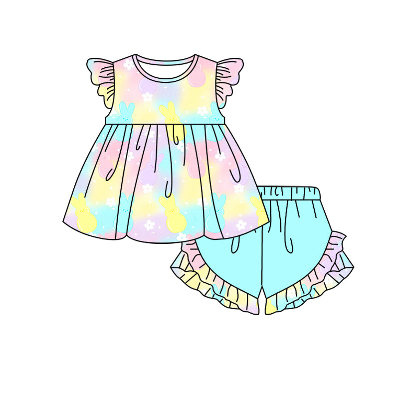 10.25 custom each style moq 5eta 4-6week Sibling Sister easter colorful rabbit purple baby girl short sleeve shorts sets and briefs sets and dresses match design