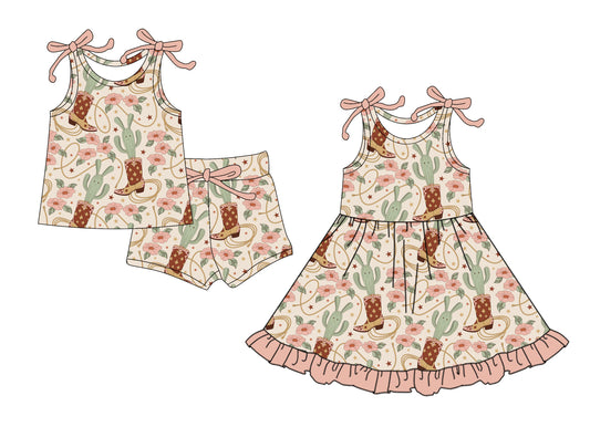 4.18 custom each style moq 5eta 4-6week Sibling Sister catcus hat boots baby girl short sleeve shorts sets and dresses match design
