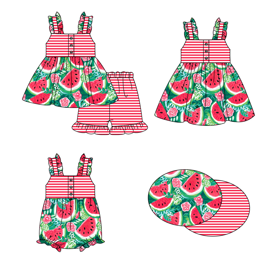1.16 custom each style moq 5eta 4-6week Sibling Sisters watermelon baby girl short sleeve shorts sets and dress and rompers match family design
