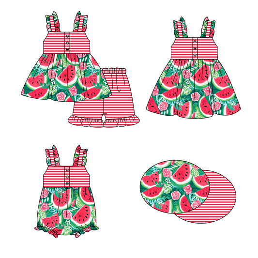 1.16 custom each style moq 5eta 4-6week Sibling Sisters watermelon baby girl short sleeve shorts sets and dress and rompers match family design