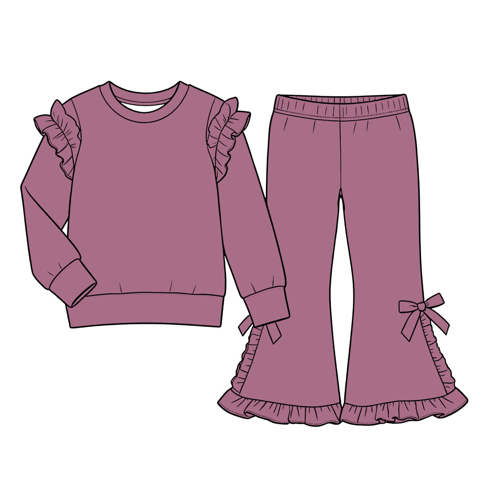 Custom moq 5  cotton fabric girls ruffle sets  solid color blank Mauve long-sleeved sweatshirt with ruffled trim and matching side-bow slight-flare pants set