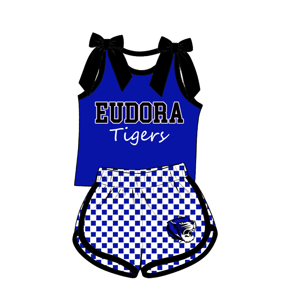 custom moq 5 mix size MSD070607 Baby Girls Checked Bow Sleeveless Tank Top And Checked Elastic Waist Shorts Set