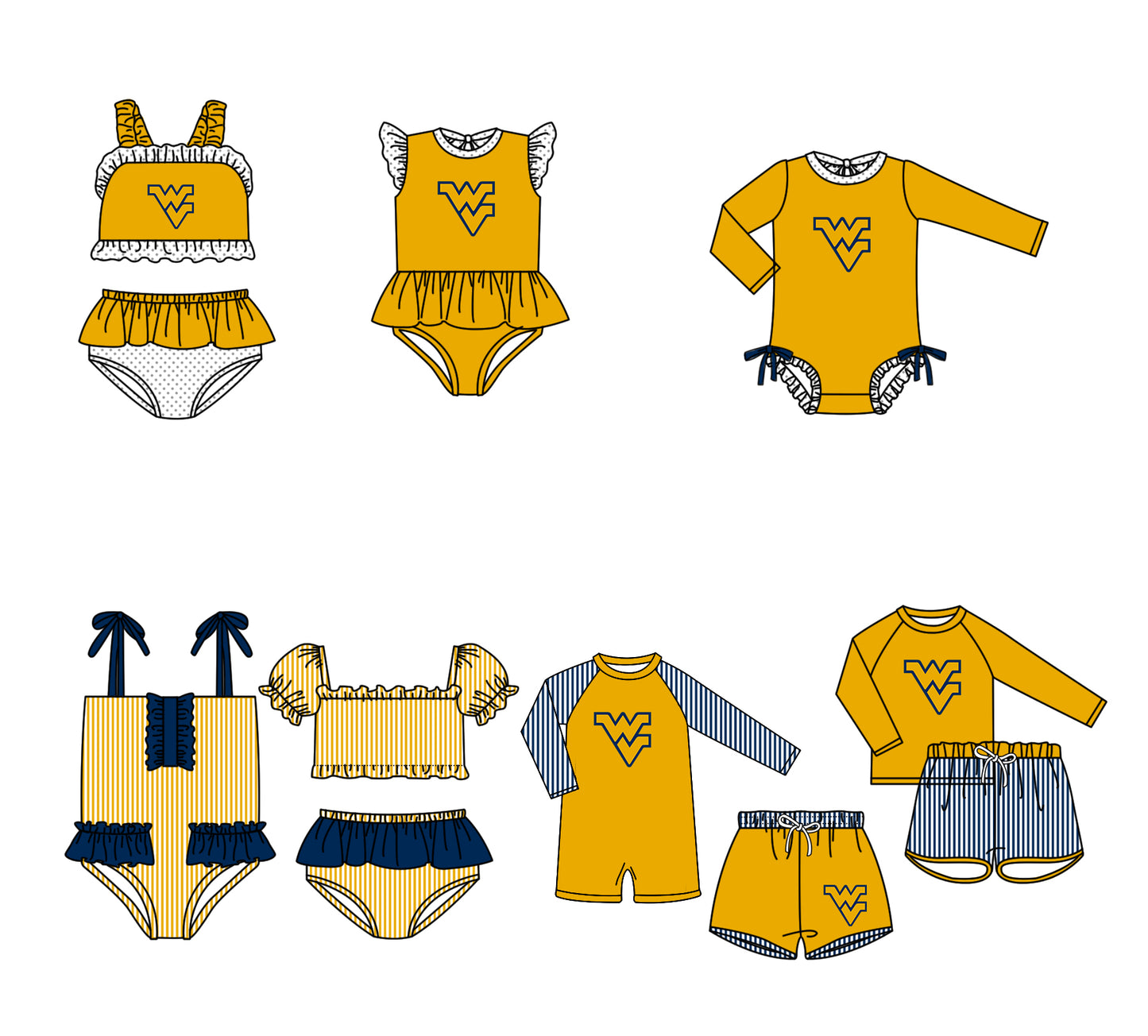 Custom moq 5 mix size milk silk summer teams baby girl boys clothes Yellow Two-Piece Swimsuit Set One Piece Swimsuits boy swim trunks