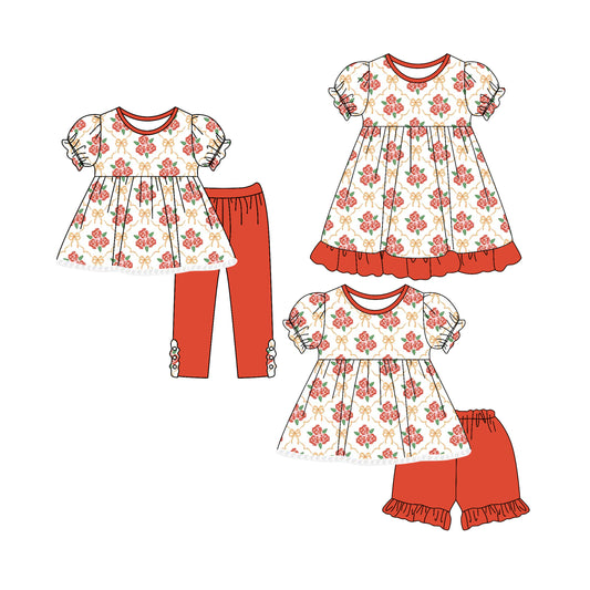 4.28 custom each style moq 5eta 4-6week Sibling Sisters bow floral baby girl short sleeve pants sets and dress and romper match family design