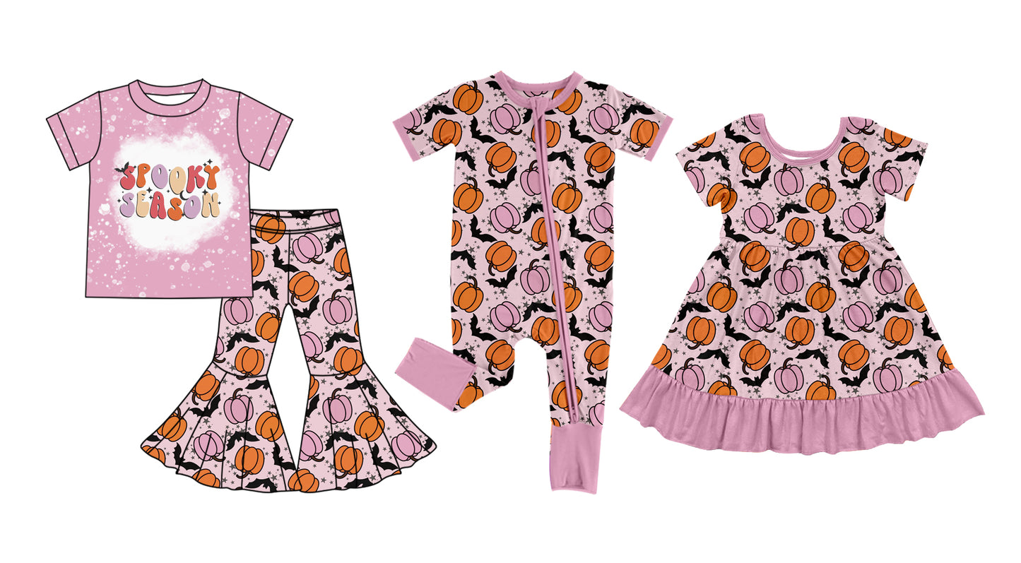 25.7.8 custom each style moq 5eta 4-6week Sibling Sisters pumpkin bat baby girl long sleeve pants sets and dress and rompers match family design