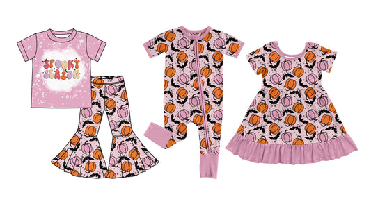 25.7.8 custom each style moq 5eta 4-6week Sibling Sisters pumpkin bat baby girl long sleeve pants sets and dress and rompers match family design