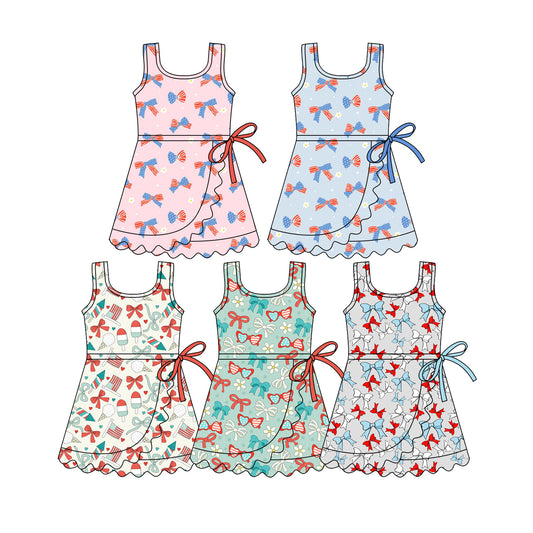 Custom moq 5 mix size Sibling Baby Girls Red and blue bow Print Sleeveless Dress 4th of July Knee Length Dresses
