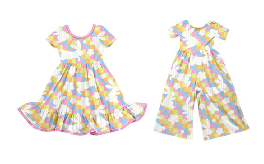 25.10.1 custom each style moq 8 eta 6-8week Sibling Sisters bunny floral baby girl long sleeve dress and jumpsuit match family design