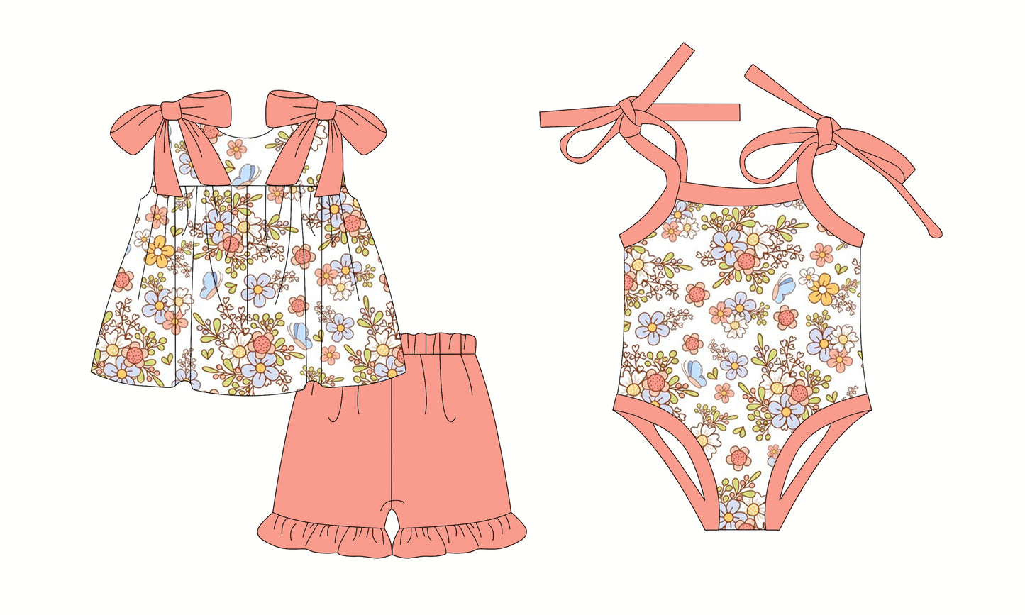 2.28 custom each style moq 5eta 4-6week Sibling Sister floral baby girl short sleeve shorts sets and romper match design