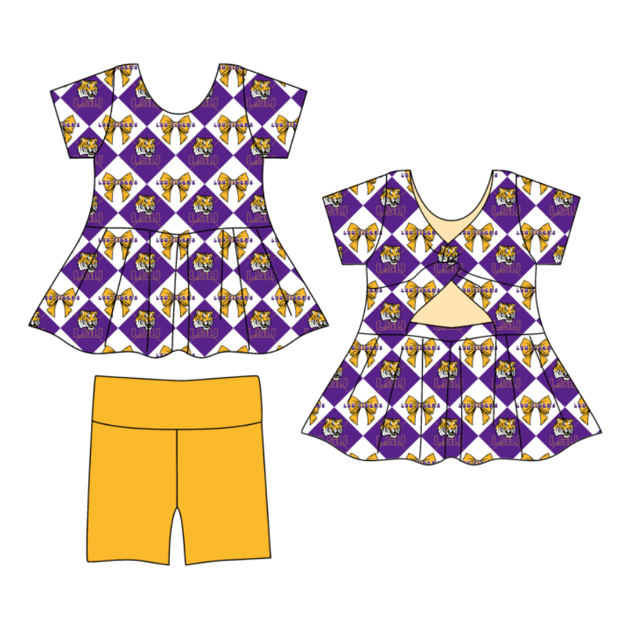 Custom moq 5 mix size Purple Plaid Baby Girl's Short-Sleeved Shirt And Shorts Team Outfit Children's Clothing Set for Girls