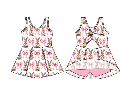 Custom moq 5 mix size Baby Girl Bunny Bow Print Easter Sleeveless Yoga Knee-Length Dress Casual Dress for Toddlers And Kids