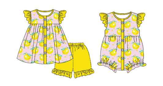 3.24 custom each style moq 5eta 4-6week Sibling Sister lemon baby girl boy short sleeve shorts sets and romper match design