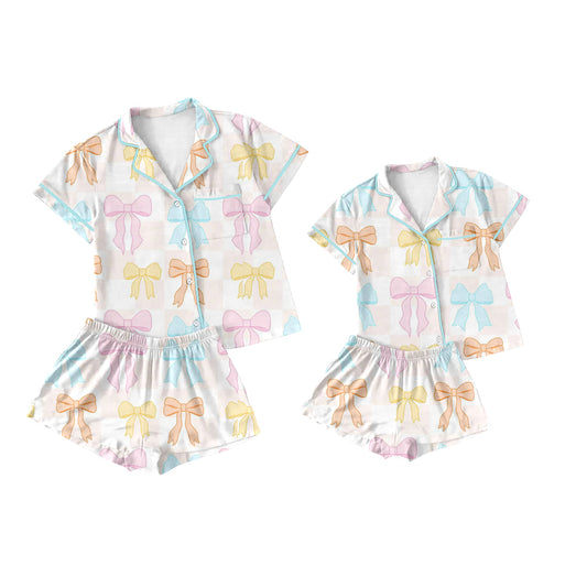 3.21 custom each style moq 5eta 4-6week Sibling Sister bow short sleeve shorts sets and adult sets match design