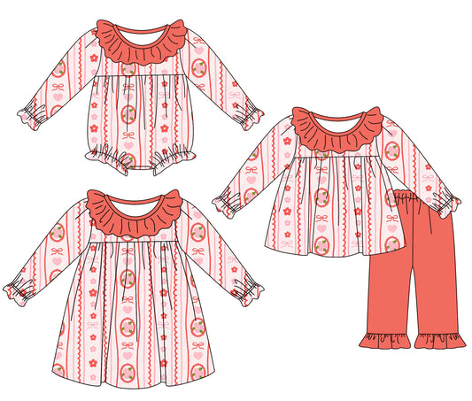 25.7.18 custom each style moq 5eta 4-6week Sibling Sisters bow floral baby girl long sleeve pants sets and dress and rompers match family design