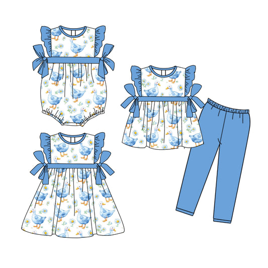 25.9.25 custom each style moq 8 eta 6-8week Sibling Sisters duck baby girl short sleeve pants sets and dress and rompers match family design