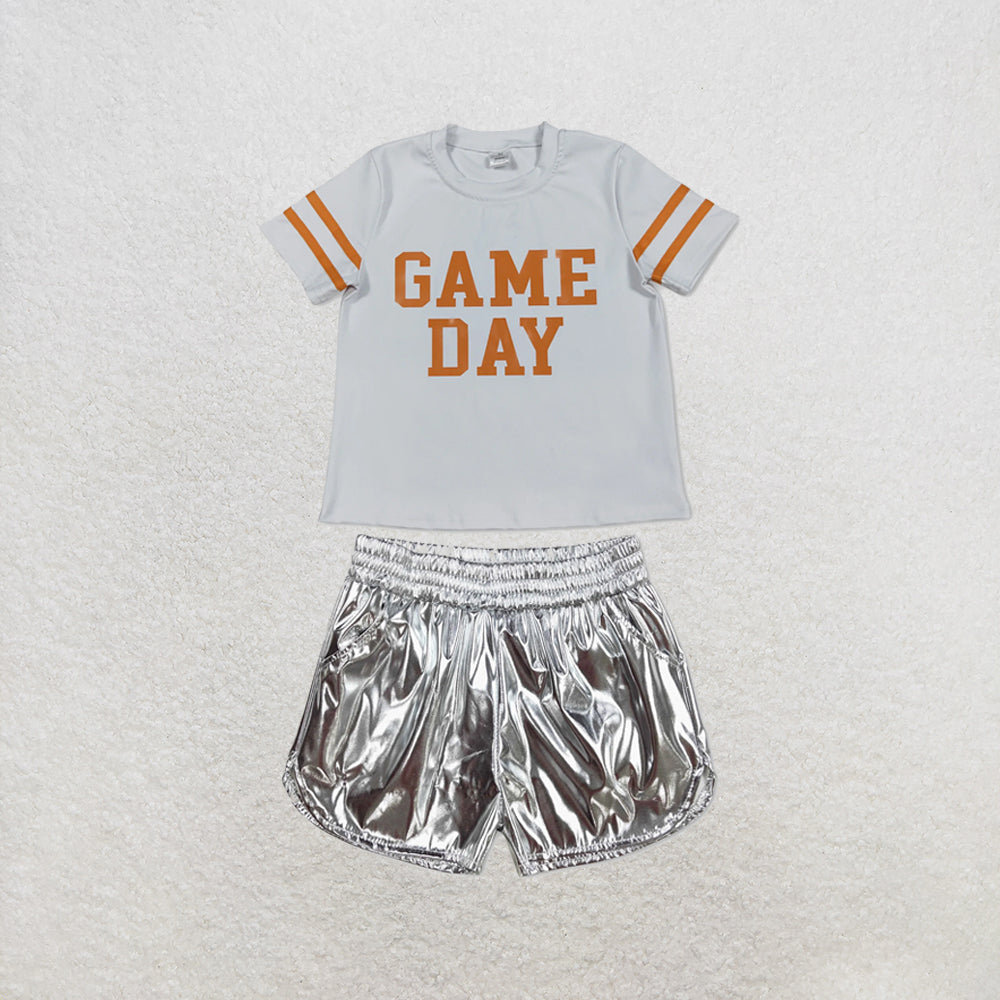 RTS NO MOQ Sibling yoga fabric Baby Girls Vinyl Orange Game Day Print Top Matching Shorts Two Piece Team Active Clothes Set