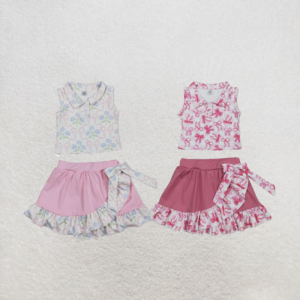 RTS NO MOQ Sibling Baby Girls Bows Checked Button Vests Ruffle Skirt Shorts Yoga Active Clothes Sets