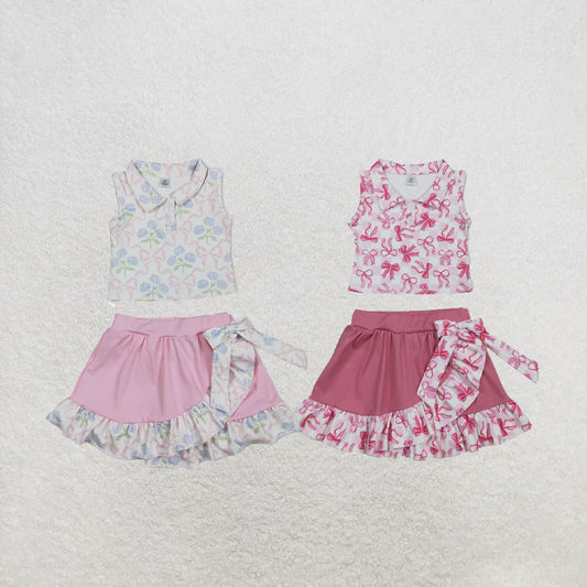 RTS NO MOQ Sibling Baby Girls Bows Checked Button Vests Ruffle Skirt Shorts Yoga Active Clothes Sets