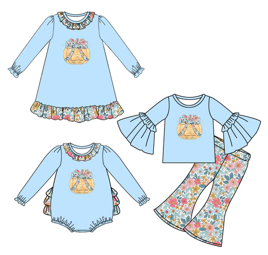 25.7.15 custom each style moq 5eta 4-6week Sibling Sisters pumpkin bow floral baby girl long sleeve pants sets and dress and rompers match family design