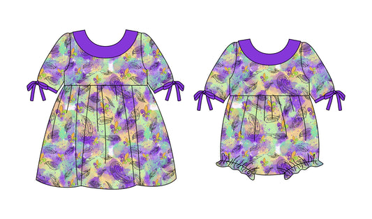 25.10.4 custom each style moq 8 eta 6-8week Sibling Sisters mardi gras baby girl long sleeve dress and rompers match family design