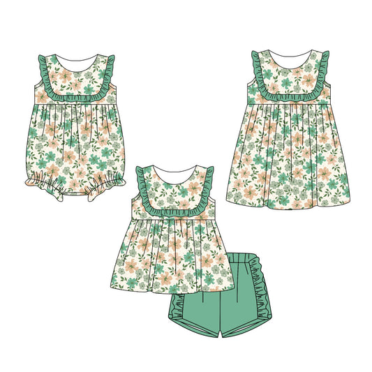 3.5 Custom moq 5 mix size Sibling Baby Girl's Sleeveless Top And Green Short Set Cute Romper Dress for Summer