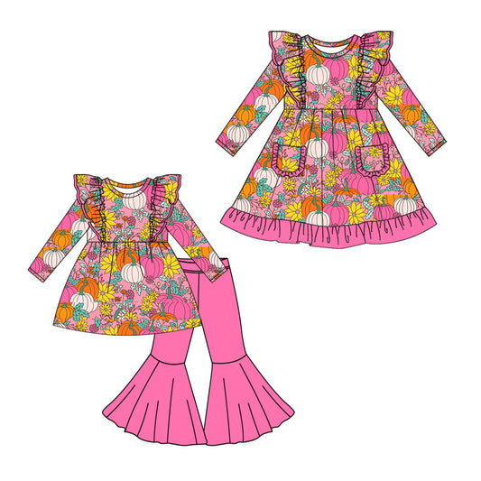 25.5.12 custom each style moq 5eta 4-6week Sibling Sisters pumpkin floral baby girl long sleeve pants sets and dress match family design