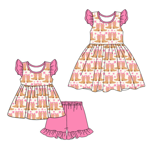 4.4 custom each style moq 5eta 4-6week Sibling Sister boot bow baby girl short sleeve shorts sets and dresses match design