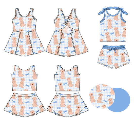 3.28 custom each style moq 5eta 4-6week Sibling Sister puppy bow blue baby girls clothes Short sleeve shorts sets and yoga dress 1 and dress 2 match family design