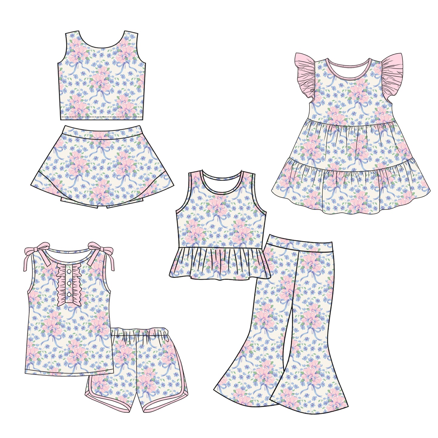 2.28 Custom moq 5 mix size Sibling Baby Girl's Floral print Sleeveless Top Shorts Yoga Sets And Short-sleeved shorts Set Cute Dress Outfit