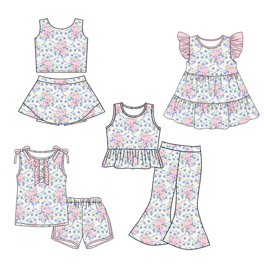 2.28 Custom moq 5 mix size Sibling Baby Girl's Floral print Sleeveless Top Shorts Yoga Sets And Short-sleeved shorts Set Cute Dress Outfit