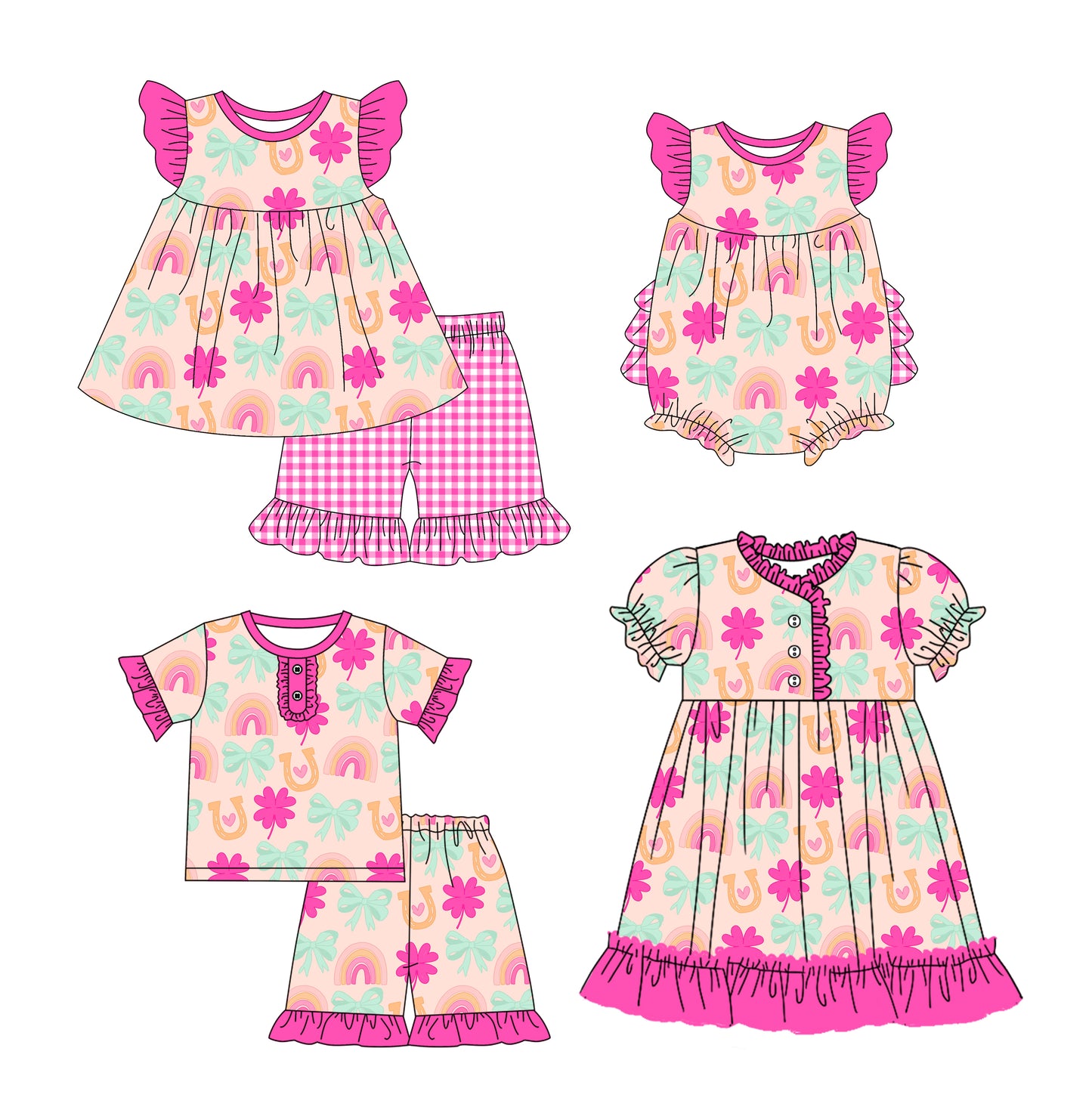 12.10 custom each style moq 5eta 4-6week Sibling Sister rainbow floral baby girl short sleeve shorts sets and sets 2 and girls romper and boy romper and dress match design