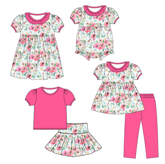 25.9.23 custom each style moq 8 eta 6-8week Sibling Sisters floral baby girl short sleeve pants sets and skirts sets and dress and rompers match family design